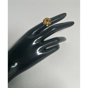 Vintage 10K Gold Citrine & Garnet Cocktail Ring Size 6 Hexagonal Design